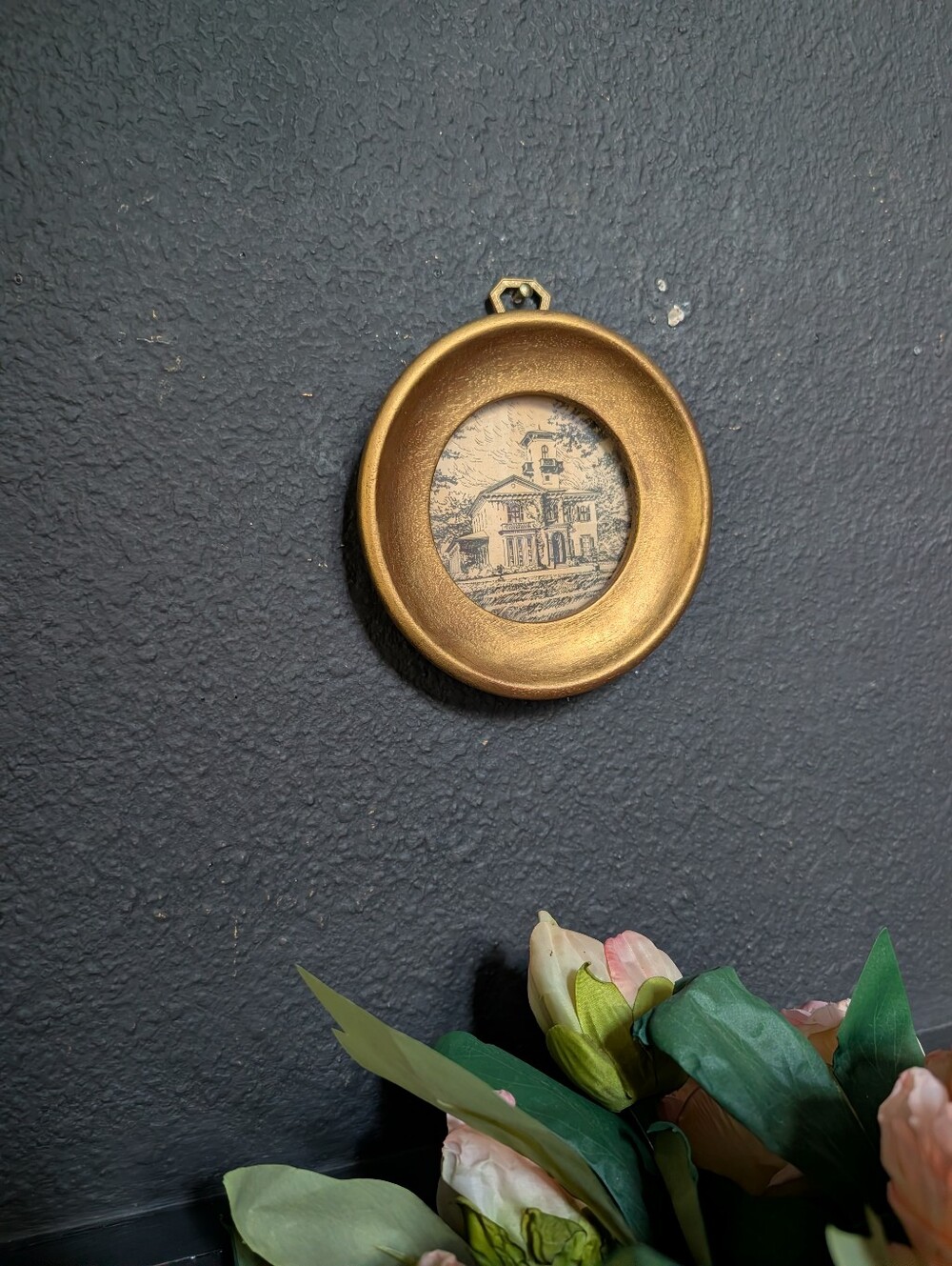 Vintage Gold Wood Round Framed black and white historic home Print w/ornate hook